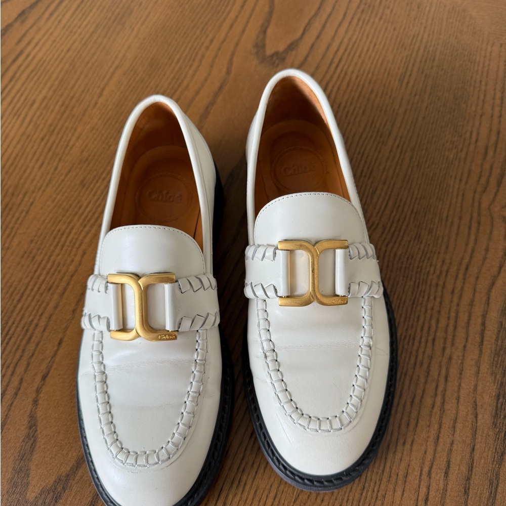 Celine White Leather Loafers with Gold Buckle